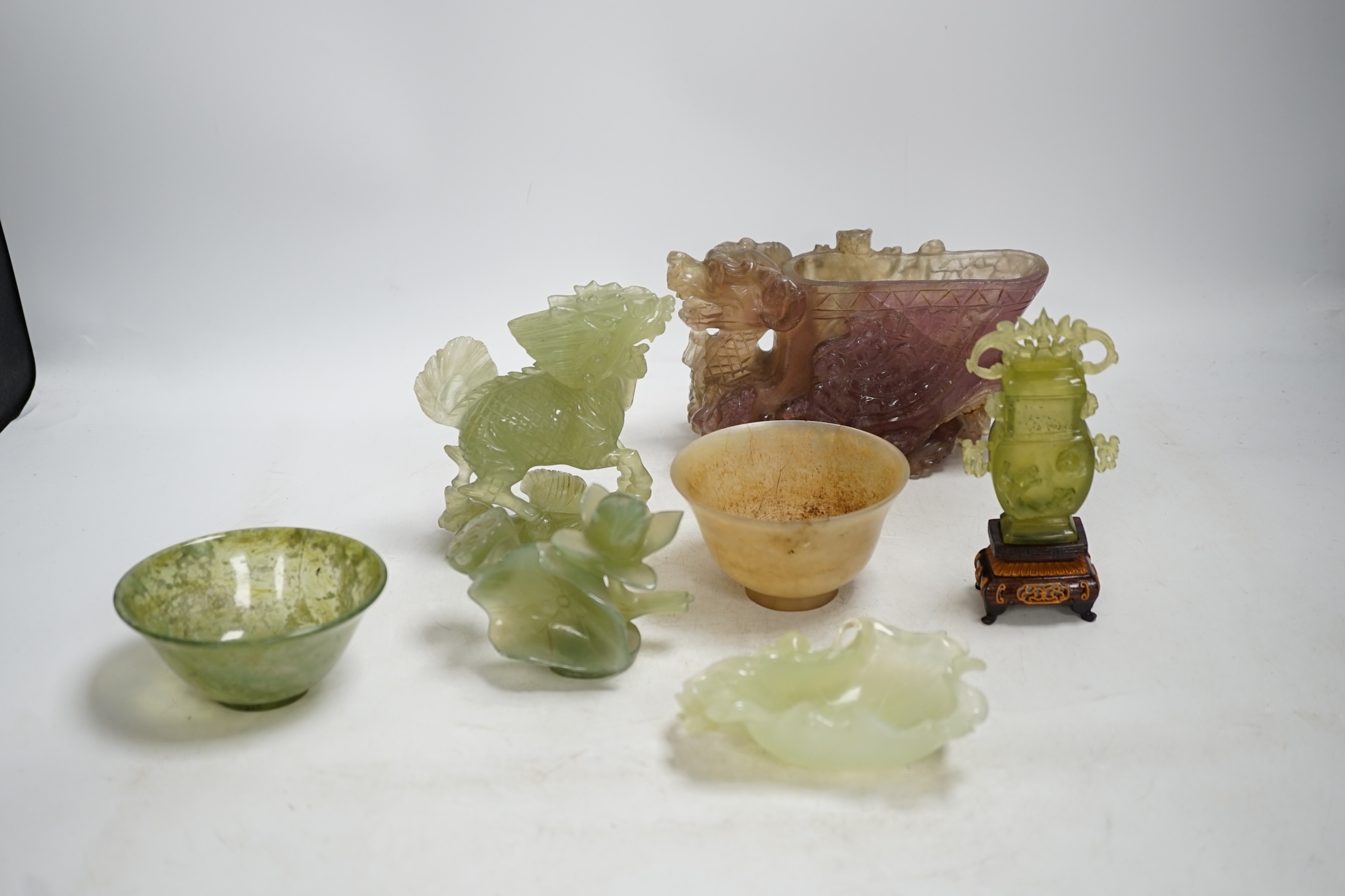 A group of seven Chinese hardstone carvings and vessels, tallest 12cm. Condition - poor to fair